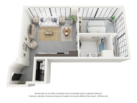 Floor plan for 1 bed, 1 bath, 578 sqft